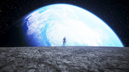 Alien on the moon. Ufo concept. 3d rendering.