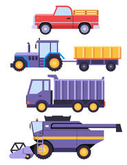 Set of agricultural vehicles and farm machinery
