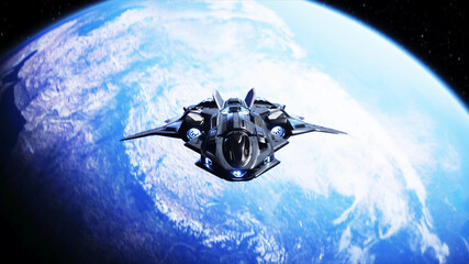 Fototapeta na wymiar spaceship in outer space. Earth background. 3d rendering.