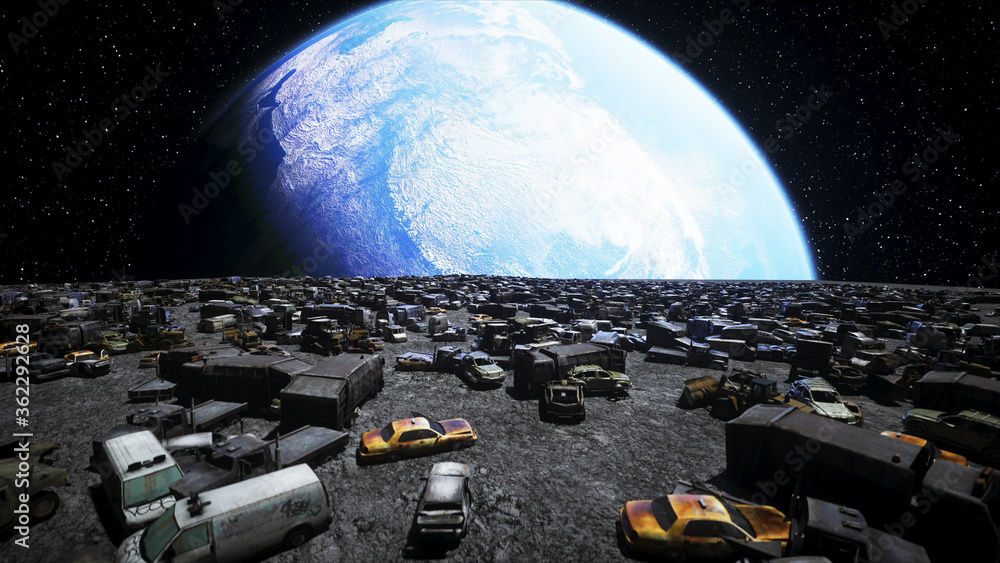 Wall mural car dump on the moon. ecology concept. 3d rendering.