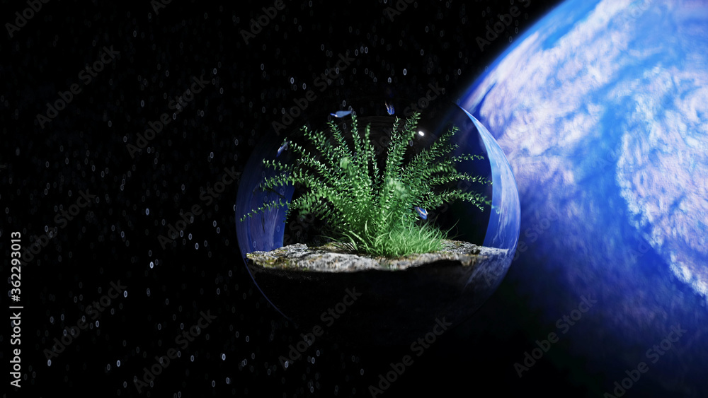 Wall mural grass in glass sphere in outer space. ecology concept. 3d rendering.