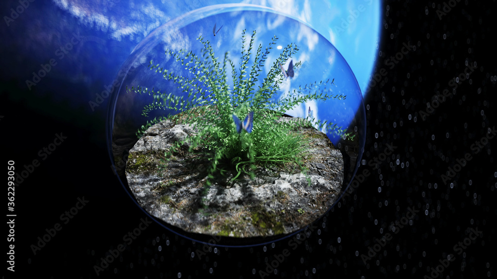 Wall mural grass in glass sphere in outer space. ecology concept. 3d rendering.