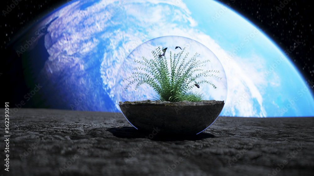Wall mural grass in glass sphere in outer space. ecology concept. 3d rendering.