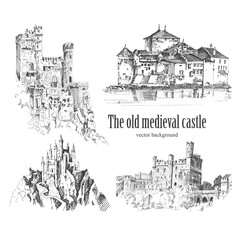 Set of medieval castle isolated on white background. Sketch hand drawing. Vector