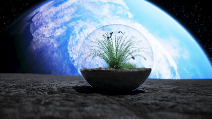 grass in glass sphere in outer space. Ecology concept. 3d rendering.
