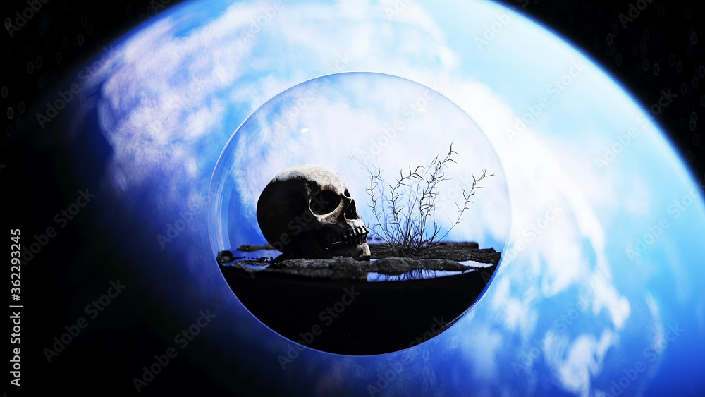 Wall mural skull in outer space in glass sphere. apocalypse concept. 3d rendering.