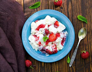 Dessert known as eton mess, crispy meringues, whipped cream and fresh strawberries on a blue plate...