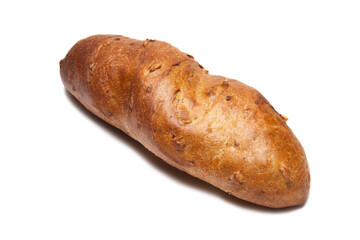 Loaf of sunflower bread with seeds on crust isolated on white