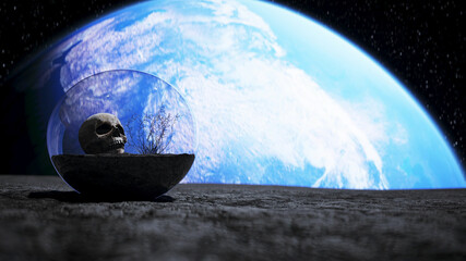 skull in outer space in glass sphere. Apocalypse concept. 3d rendering.