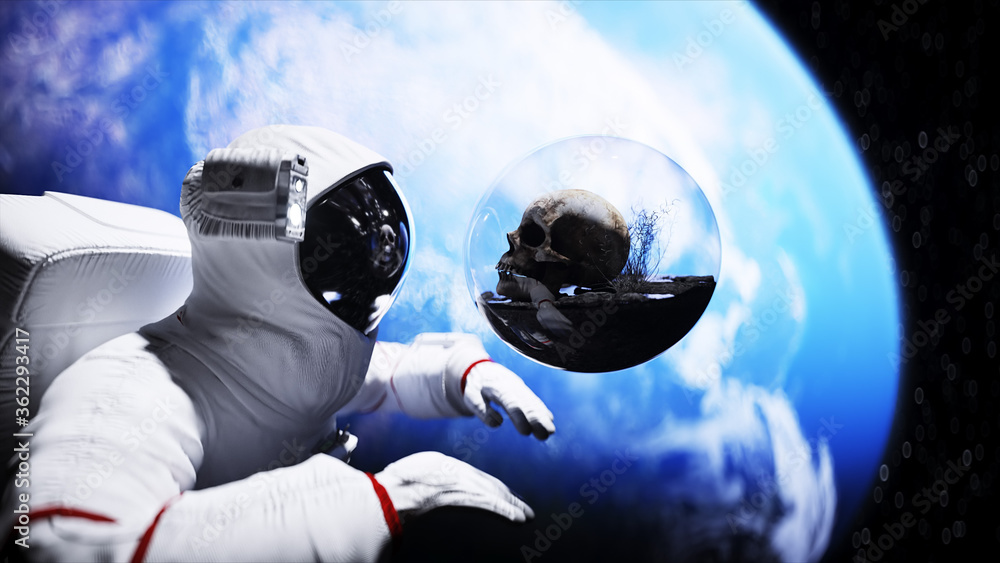 Canvas Prints astronaut and human skull in outer space in glass sphere. apocalypse concept. 3d rendering.