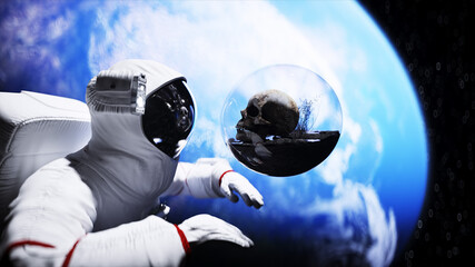 Astronaut and human skull in outer space in glass sphere. Apocalypse concept. 3d rendering.