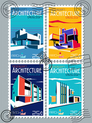 Modern Architecture Design Postage Stamps, Imprints, Abstract Illustrations 