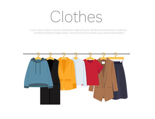 Men's and woman's clothes on hangers, vector illustration