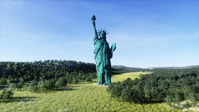 Alone statue of liberty in grass field. Aerial view. Postapocalyptic concept. 3d rendering.