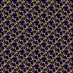 Seamless abstract pattern with golden elements on a blue background, modern concepts for your design.