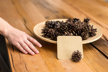 Pine cones in a plate on a table. In front of it, a small table to write on. Elegant woman's hand...