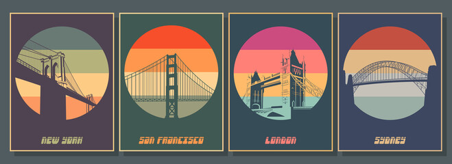 Most Famouse Bridges Poster Set. Golden Gate, Harbour Bridge, Brooklyn Bridge, Tower Bridge Vintage Style Colors © koyash07