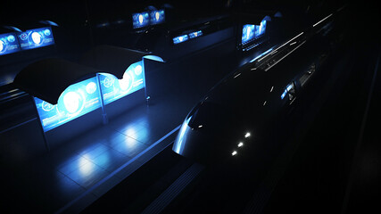 Sci Fi railway futuristic station. Future concept. Night view. 3d rendering