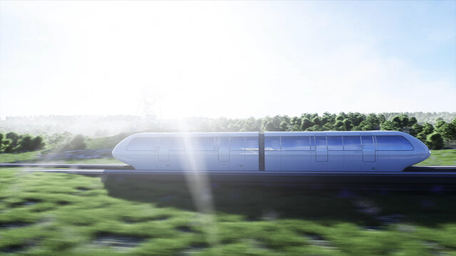 futuristic sci fi monorail train. Concept of future. Futuristic city background. Grass field. 3d rendering.