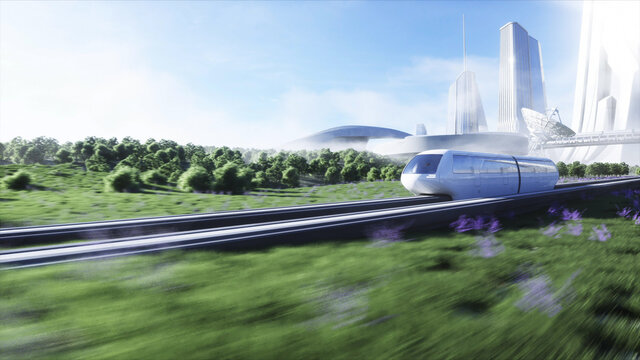 futuristic sci fi monorail train. Concept of future. Futuristic city background. Grass field. 3d rendering.