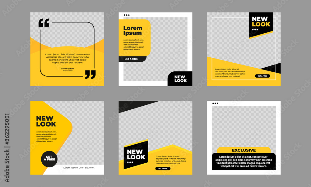 Wall mural set of editable minimal square banner template. black and yellow background color with stripe line s