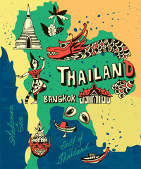 Illustrated map of Thailand. Attractions and national features of the country