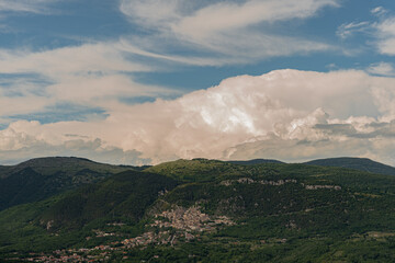 Panorama of Pesche, common in the province of Isernia, in Molise, perched along the steep slopes of...