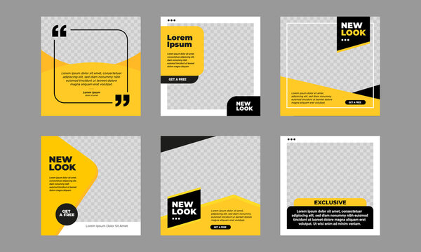 Set of Editable minimal square banner template. Black and yellow background color with stripe line shape. Suitable for social media post and web internet ads. Vector illustration with photo college