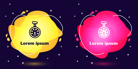 Set line Unicycle or one wheel bicycle icon isolated on blue background. Monowheel bicycle. Abstract banner with liquid shapes. Vector Illustration © Oksana