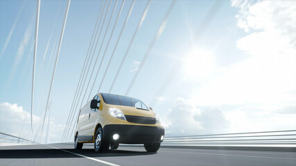Fototapeta na wymiar 3d model of delivery car on the bridge. Very fast driving. 3d rendering.