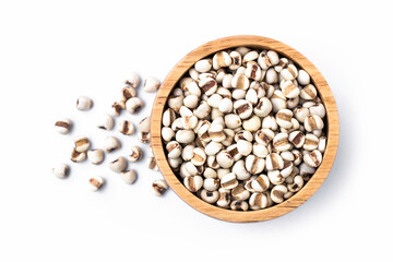 Closeup white Job's tears ( Adlay millet or pearl millet ) in wooden bowl isolated on white background . Top view. Flat lay.