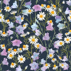 Beautiful vector seamless floral pattern with watercolor gentle summer bluebell and chamomile flowers. Stock illustration.
