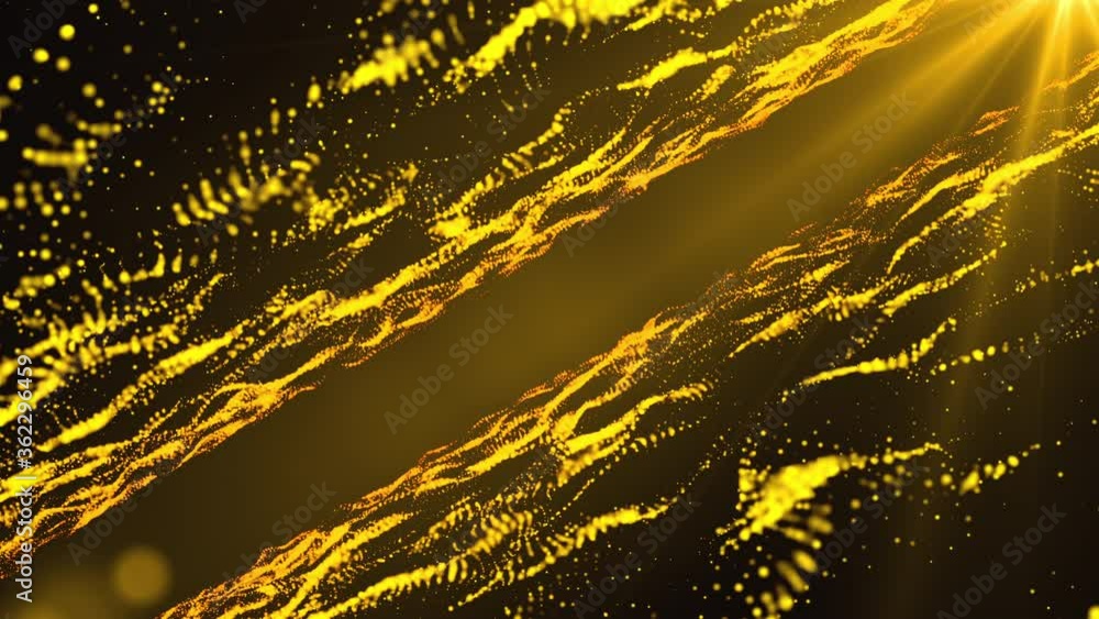 Poster computer generated upper and lower wavy layers of small shiny particles and rays of light. glowing e