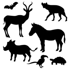 A set of silhouettes of African animals shrouds. Vector illustration on a black isolated background.