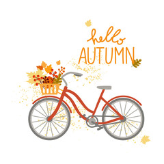 Hello Autumn. Bicycle with red and yellow leaves and berries. Leaf fall Hand drawn lettering. Vector illustration on a white background.