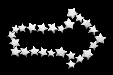Arrow design elements with empty space for text inside pointing to the right made of white paper stars on a black background
