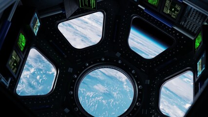 View from Cockpit International Space Station through porthole nearby of planet Earth. Concept of exploration and research, rocket launching. 