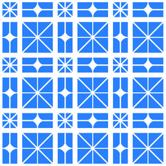 Simple blue squares bisected with crossing lines to make repeating patterns against a white background, geometric vector illustration