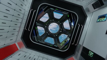 View from Cockpit International Space Station through porthole nearby of planet Earth. Concept of exploration and research, rocket launching.