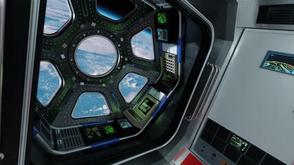 View from Cockpit International Space Station through porthole nearby of planet Earth. Concept of exploration and research, rocket launching. 