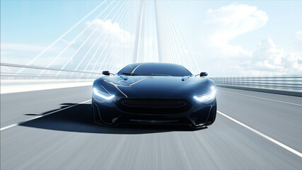 Obraz na płótnie Canvas 3d model of black futuristic car on the bridge. Very fast driving. Concept of future. 3d rendering.