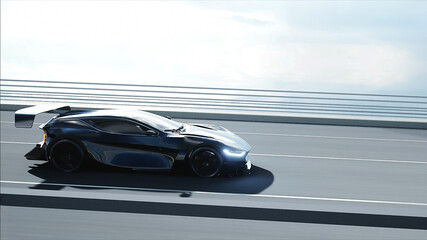 Plakat 3d model of black futuristic car on the bridge. Very fast driving. Concept of future. 3d rendering.