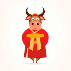 A bull in national Chinese clothes. Symbol of Chinese New Year 2021.Vector illustration