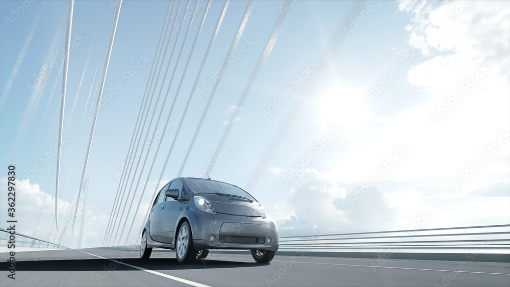 Wall mural 3d model of electric car on the bridge, very fast driving. ecology concept. 3d rendering.