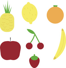 set of fruits and berries vector graphic flat illustration  cherry strawberry banana lemon apple pineapple orange