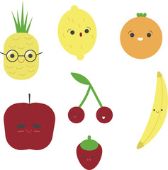 set of funny cartoon fruits vector graphic flat illustration cherry strawberry banana lemon apple pineapple orange