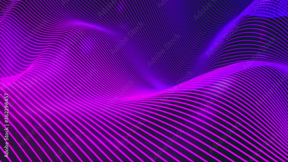 Poster Abstract glowing neon lines animated background. Ultraviolet laser wavy backdrop. Chaotic waves 4K seamless looped 3D animation. 3D rendering.