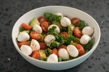 Salad with avocado, tomatoes and mozzarella in white bowl