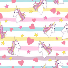 Seamless pattern unicorns, stars and hearts on striped background