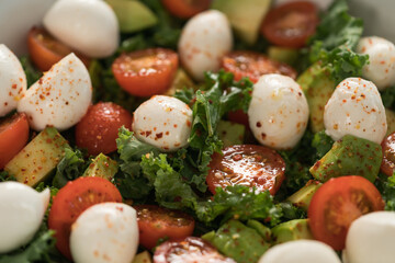 Salad with avocado, tomatoes and mozzarella closeup